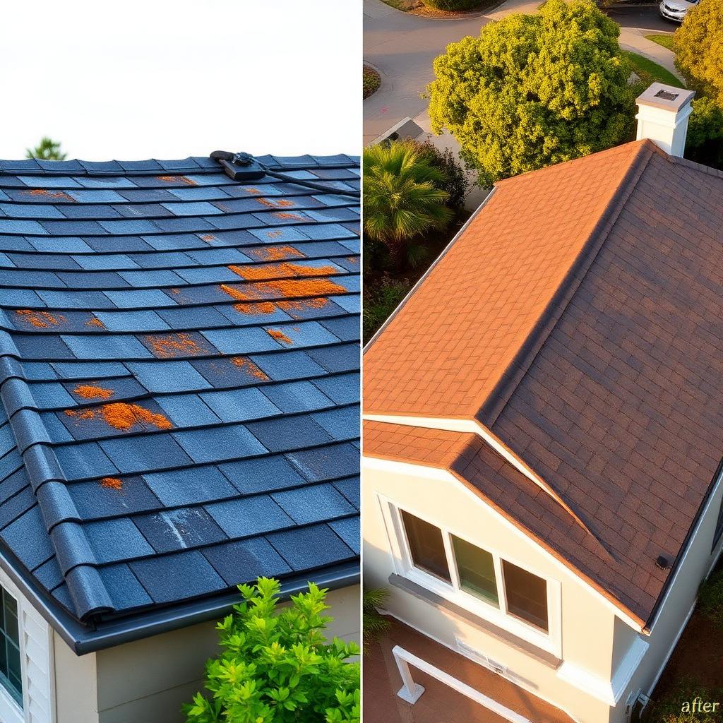 Before and after photo of a San Jose residential shingle roof replacement using Polyglass high-performance underlayment and GAF Timberline shingles by California First Roofing