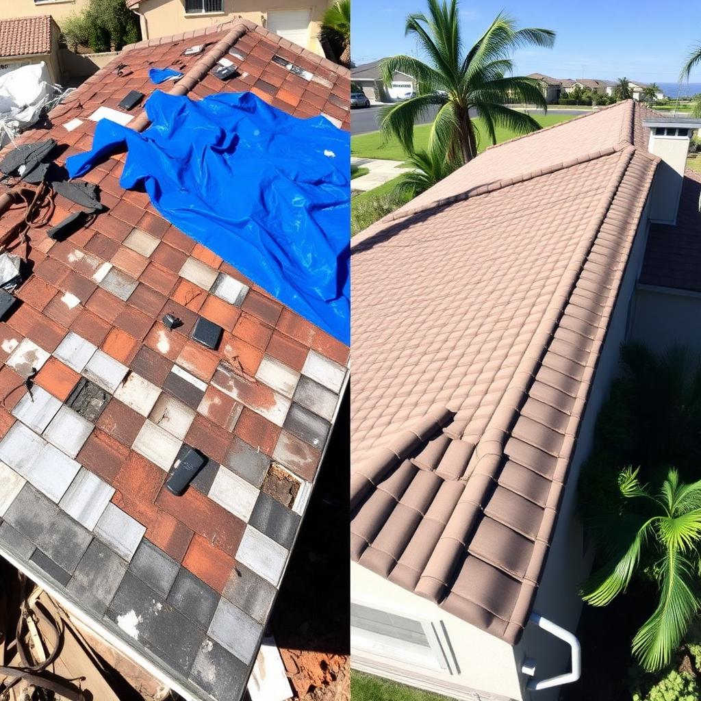 Before and after photo of wind storm emergency restoration in Berryessa, San Jose by California First Roofing
