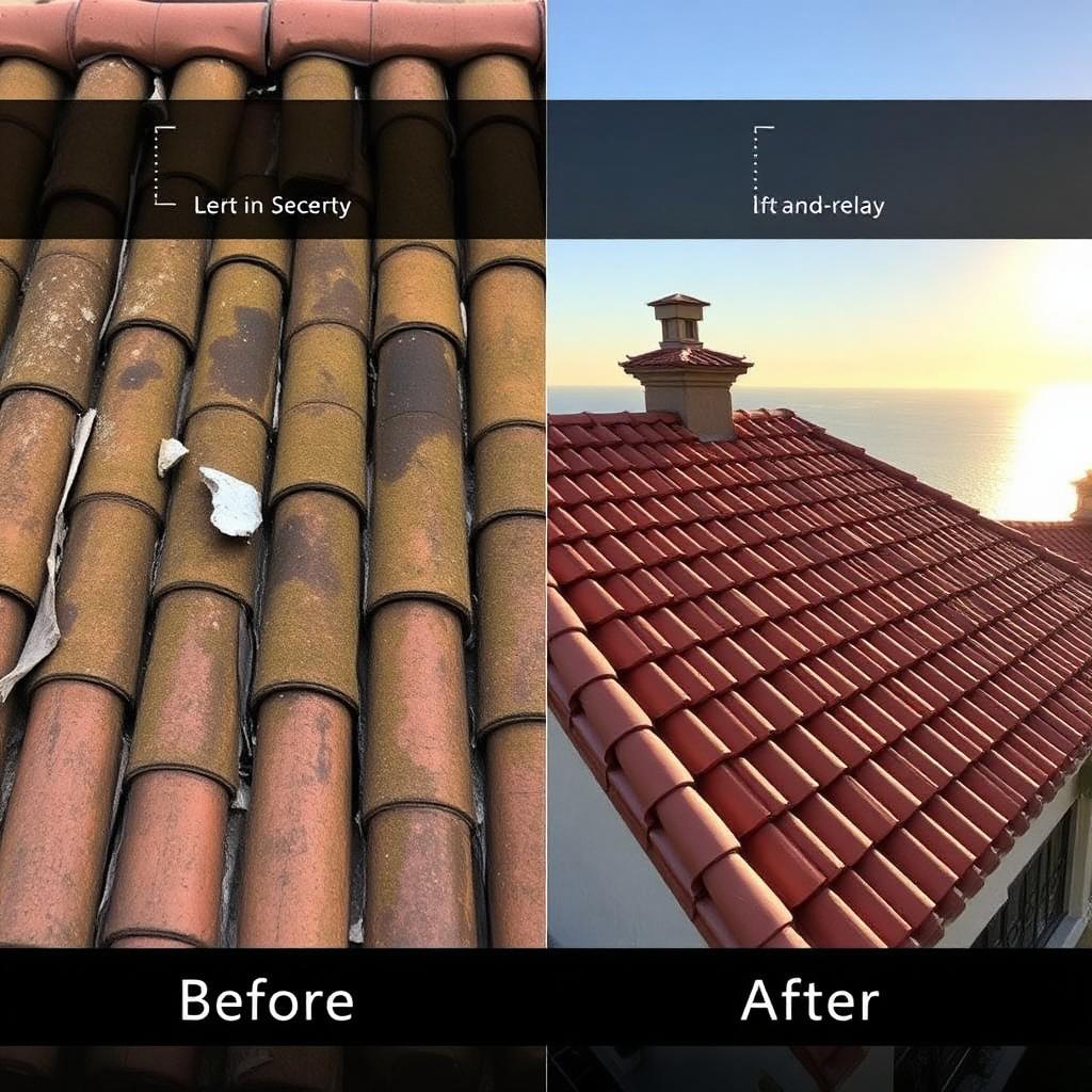 Before and after photo of a San Jose tile roof installation featuring Polyglass self-adhered underlayment and premium clay tiles by California First Roofing